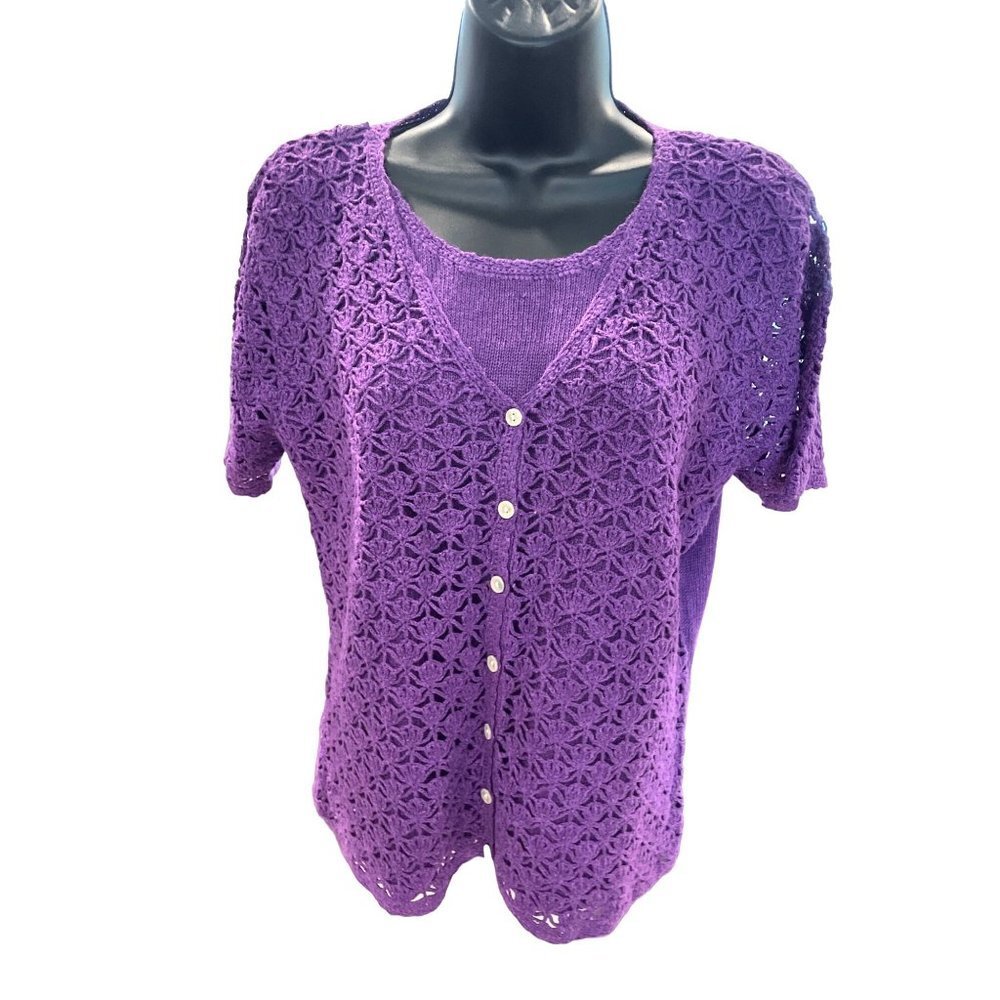 Studio JPR Purple Short Sleeved Pullover Crochet Front Sweater Sz M